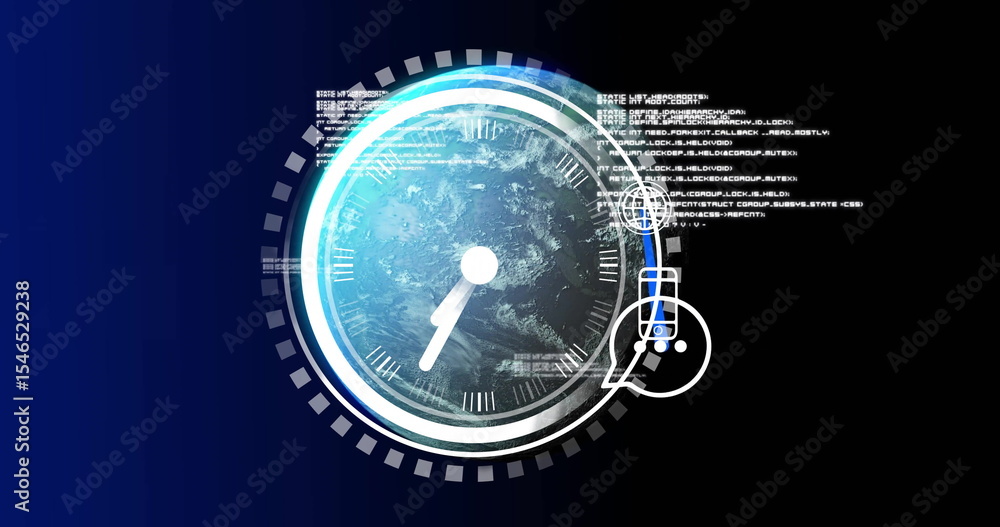 Poster displaying stylized roman clock over earth globe, with floating code and flask outline