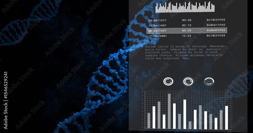 Aufkleber displaying blue dna helix winding on dark dashboard, with panel showing data list and ui icons