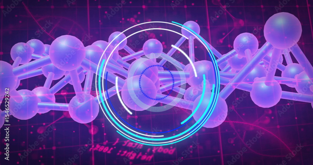 Poster displaying digital molecule chain with translucent spheres on dark grid, with floating code and hud