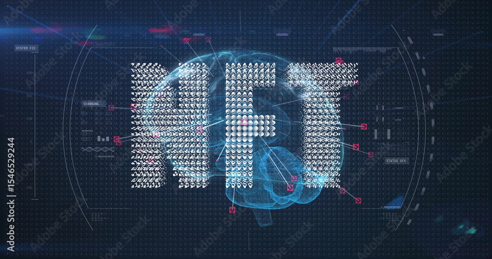 Poster visualizing stylized ai glyphs forming text over brain hologram in virtual lab, with ui panels