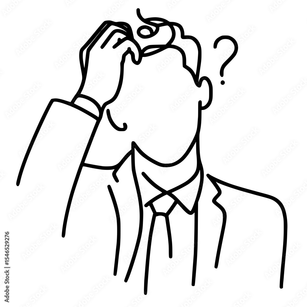 Poster man in suit scratching head with question mark in concept of single line outline vector