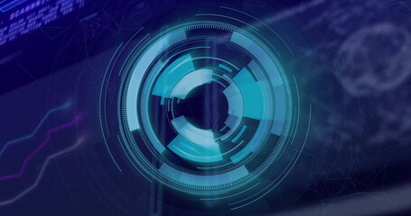 Rotating cyan digital interface glowing over control-panel, with concentric rings and line graphs