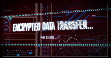 Displaying status text panel processing encrypted transfer on computer monitor, with progress bars