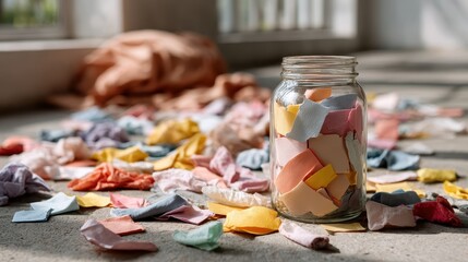 Vivid pieces of colorful textile fabric scattered across a bright room, creating a warm and inviting atmosphere perfect for artistic inspiration and creativity.