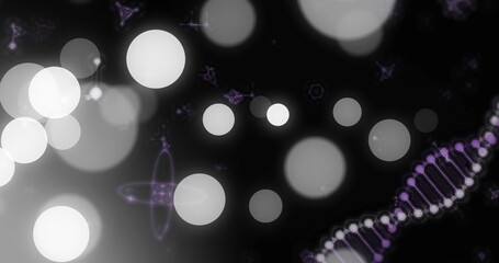 Showing helical lattice twisting in virtual black space, bokeh circles, purple glyphs, copy space