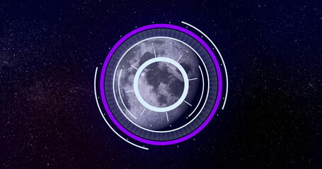 Displaying futuristic interface scanning starfield, with central moon graphic and purple HUD rings
