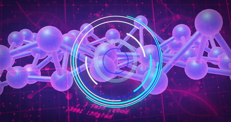 Fototapeta premium Displaying digital molecule chain with translucent spheres on dark grid, with floating code and HUD