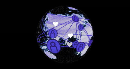 Digital globe connecting purple user icons with lines and hearts in digital space, with dotted grid