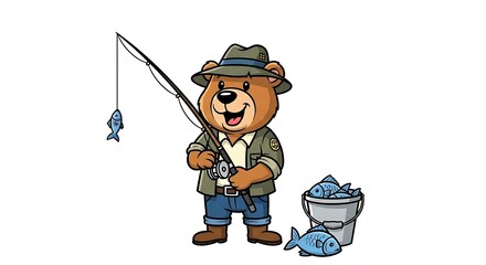 Cartoon bear fisherman with fishing rod, hat and bucket of fish, smiling and ready for adventure. On white background.