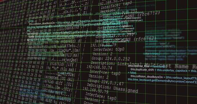 Displaying centered programming and network interface code block on screen, with green grid overlay