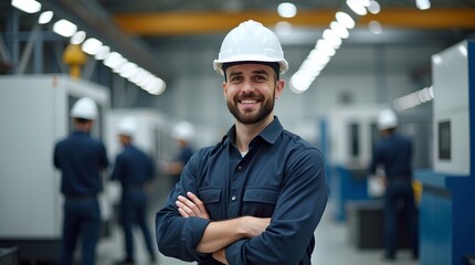 Smiling Factory Engineer with Hard Hat in Modern Manufacturing Plant, Overseeing Team and Production Illustration