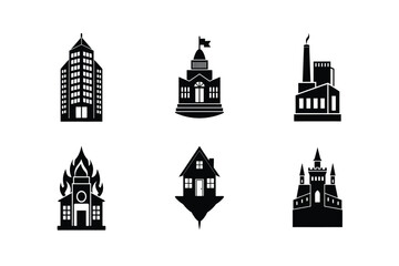 Naklejka premium Set of Black and White Building Icons Representing Different Structures
