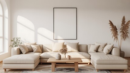 Modern living room interior with blank picture frame and neutral colored furniture