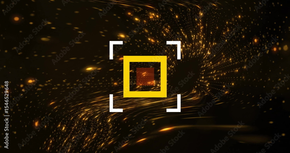 Poster white bracket enclosing yellow square floating in vortex with golden particles and streaks swirling