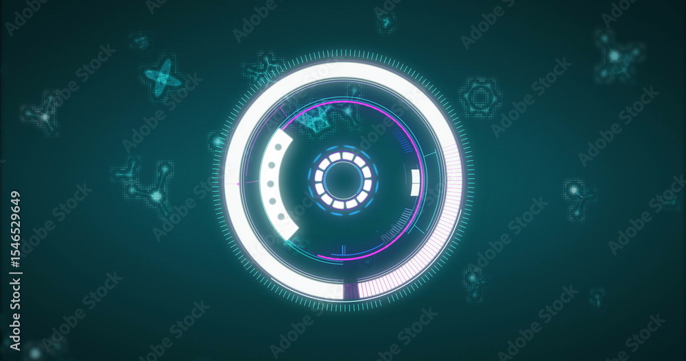 Poster showing concentric rings and segmented arcs rotating on control panel, with glowing data nodes