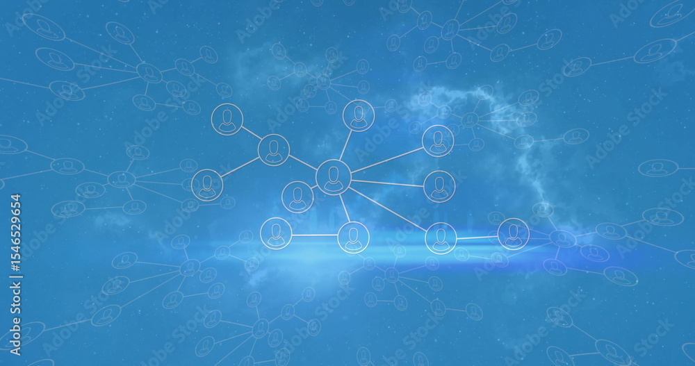 Poster displaying central node connecting to circular icons across cloud network, with particle effects