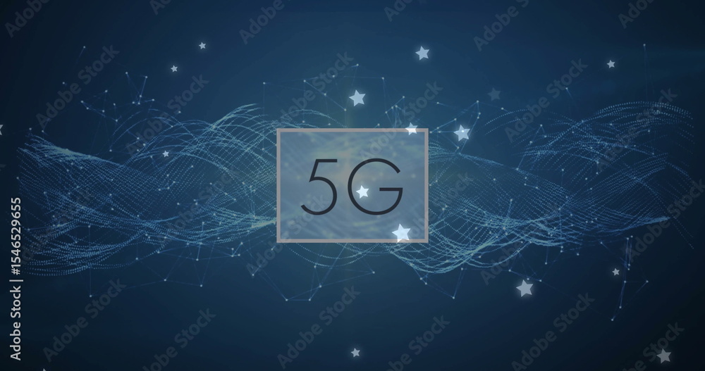 Poster displaying 5g text inside frame floating in virtual space, showing waveforms with star nodes
