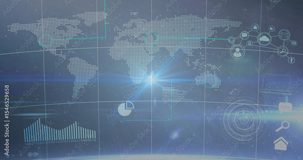 Poster projecting dotted world map interface in starry space, showing pie chart, network nodes, lens flare