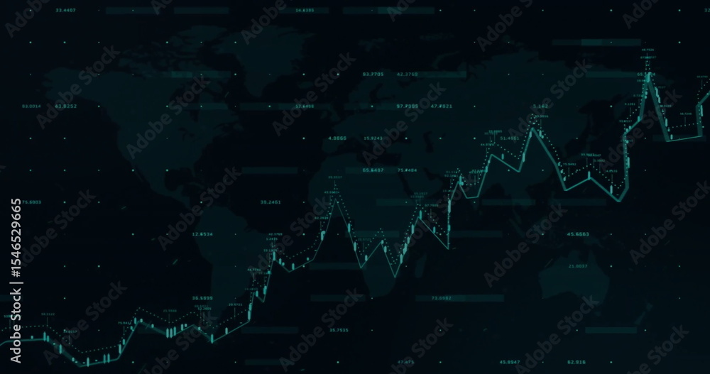 Poster displaying turquoise line graph tracking global data trends on dashboard, with glowing data points