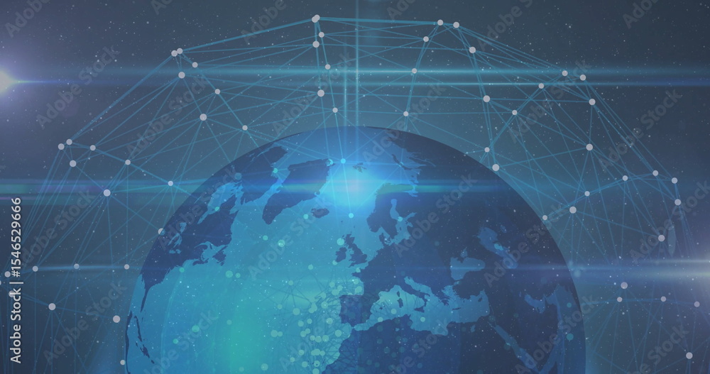 Poster rendering earth globe in space, with semi-transparent network lines, glowing nodes and light flares