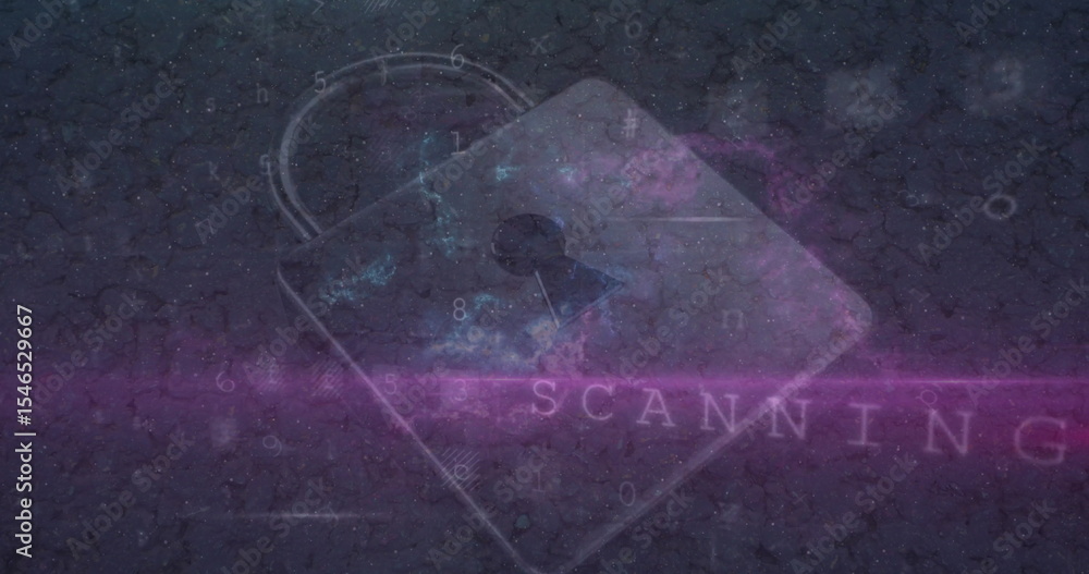 Poster floating padlock receiving magenta scanning beam in virtual interface, with binary code overlay