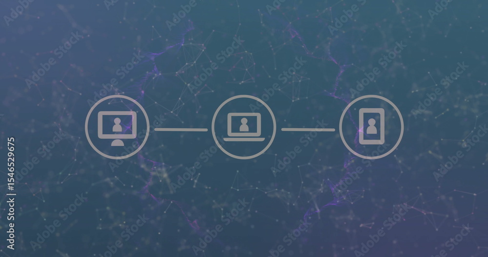 Poster connecting device icons showing user silhouettes in digital network, with data nodes and lines