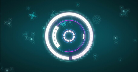 Showing concentric rings and segmented arcs rotating on control panel, with glowing data nodes