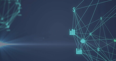 Displaying turquoise network on blue gradient, with dollar, bar chart and factory icon, copy space