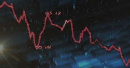 Obraz premium Displaying jagged red line chart declining on trading screen, with numeric labels and lens-flare