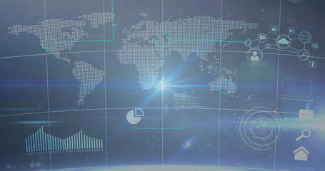 Projecting dotted world map interface in starry space, showing pie chart, network nodes, lens flare