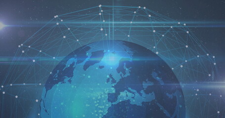 Rendering Earth globe in space, with semi-transparent network lines, glowing nodes and light flares