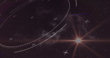 Fototapeta premium Digital interface overlay displaying arcs and markers in deep space, with lens flare, copy space