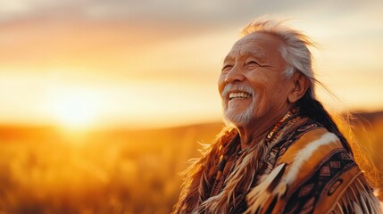 An elderly man smiles warmly against a golden sunset backdrop, showcasing heritage and wisdom, while wearing beautifully crafted traditional attire and expressing joy.