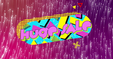 Displaying Huge sale text graphic in digital promo, with oval, dotted halftone and light streaks