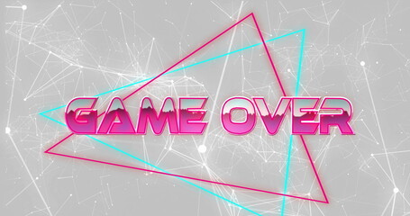 Displaying neon pink GAME OVER text in abstract interface, with hot pink and cyan triangle outlines