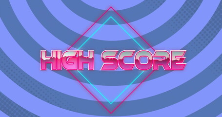 Featuring neon-pink HIGH SCORE glowing over arcade screen, with hot-pink and cyan diamond outlines