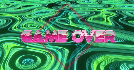 Displaying 3D GAME OVER text floating in neon green teal grid, with magenta cyan diamond outlines