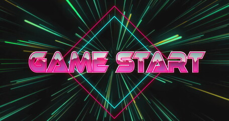 Glowing neon diamond radiating green and yellow streaks in digital void, with GAME START lettering