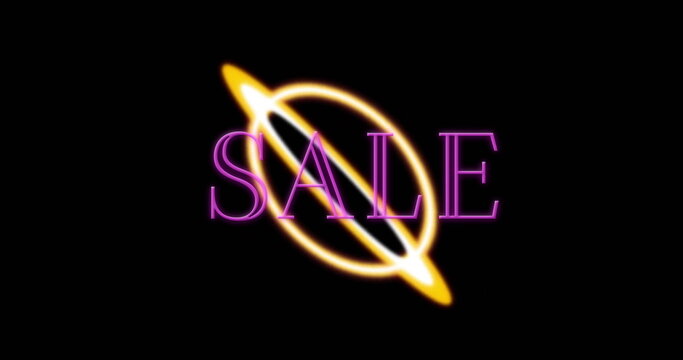 Fototapeta Neon sale graphic glowing in black digital backdrop, with glowing pink text and dual golden rings