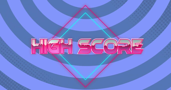 Featuring neon-pink HIGH SCORE glowing over arcade screen, with hot-pink and cyan diamond outlines