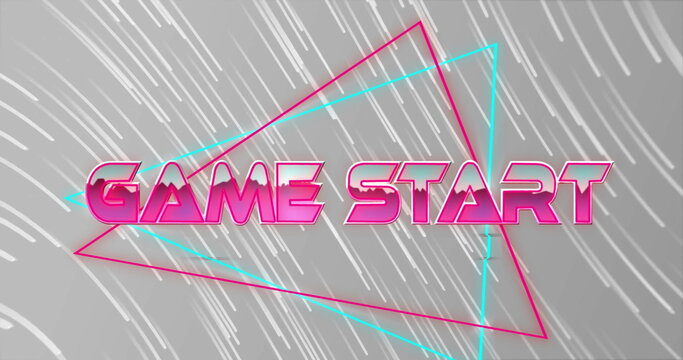 Fototapeta Showing neon pink GAME START text in synthwave screen, featuring magenta and cyan triangles
