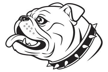 Detailed bulldog illustration showcases strong line work and a spiked collar in black and white