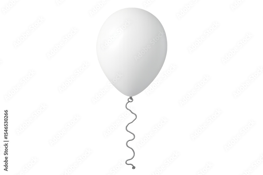 Poster white balloon drifting weightlessly, silver curling ribbon trailing, isolated on transparent backdro