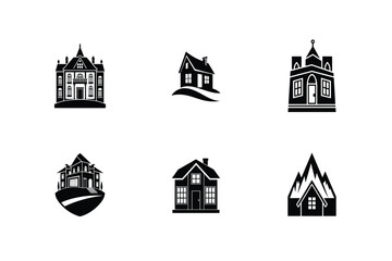 Naklejka premium Collection of six different house building vector icons in black and white