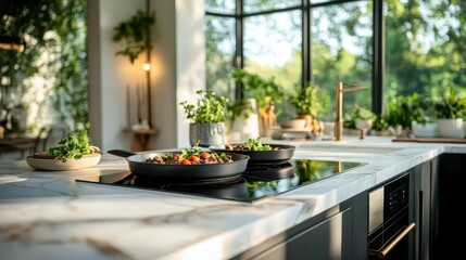 Fototapeta premium A bright and airy kitchen filled with plants and vibrant dishes on stovetops, representing a harmonious blend of culinary artistry and home comfort in a modern culinary environment.