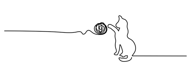 Cat with tuft of wool. Drawing happy cat line pattern. Kitty linear pictogram. Flat vector cartoon sign. Animals' day or Cat Day. Lovers, love heart kitten. Cats say meow.