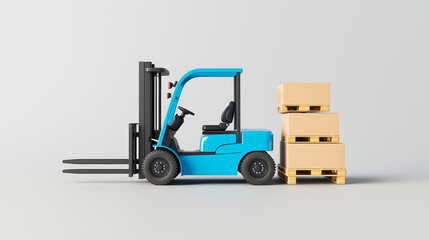 Blue and gray forklift carrying stacked cardboard boxes on its rear platform, isolated on a light background.