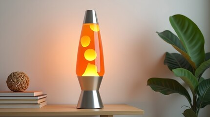 Illuminated Orange Lava Lamp on Wooden Table with Books and Green Plant in Modern Interior, Creating a Warm and Retro Ambiance