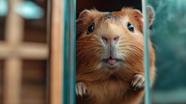 This charming photograph showcases a curious guinea pig with round cheeks and bright eyes, peering through the bars of its enclosure, radiating cuteness and innocence. - Powered by Adobe