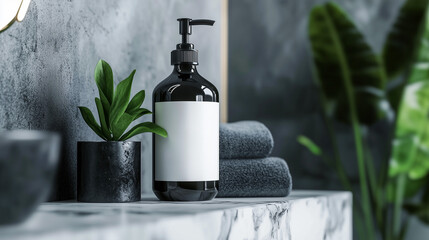 Black pump bottle with blank label on a marble surface. 